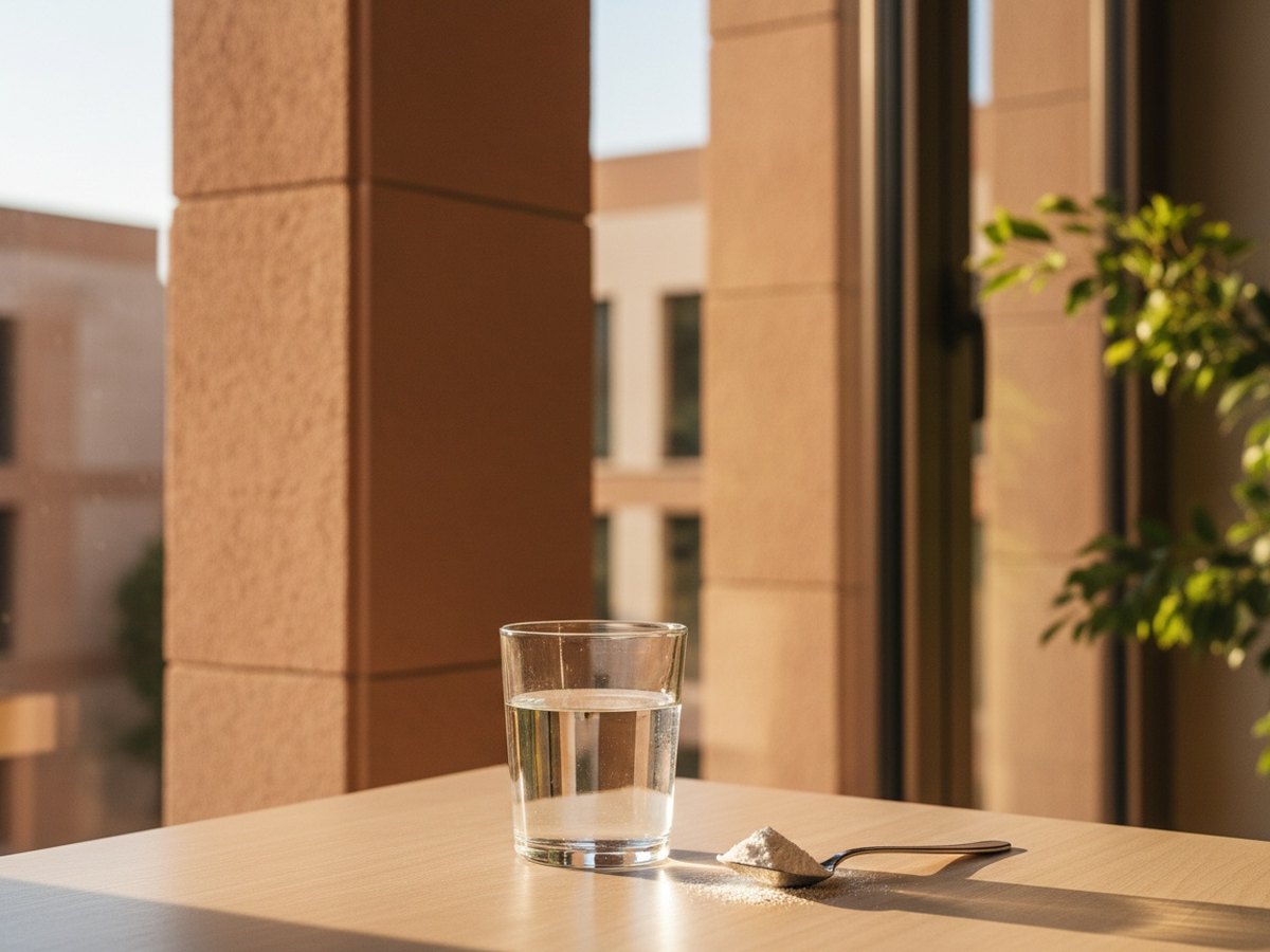 Poudre de collagène marin et verre d'eau sur une table en bois près d'une fenêtre