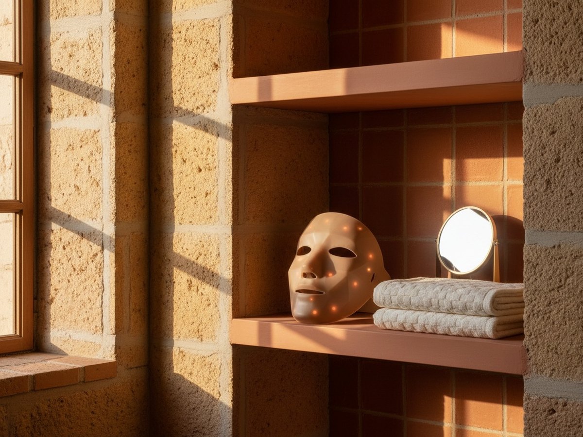 Masque de luminothérapie en silicone posé sur une étagère de salle de bain