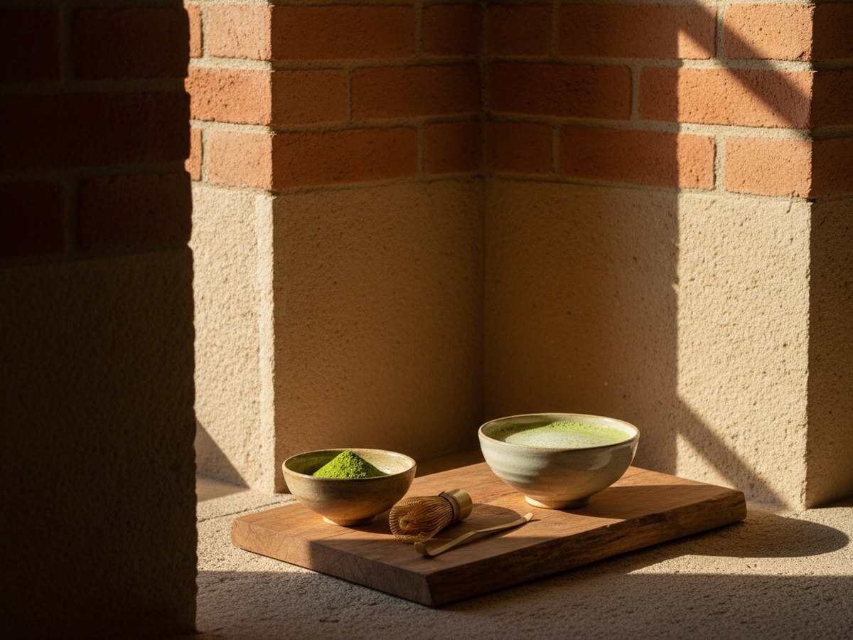 Poudre de matcha vert, bol, chasen en bambou et chashaku sur un plan de travail en bois