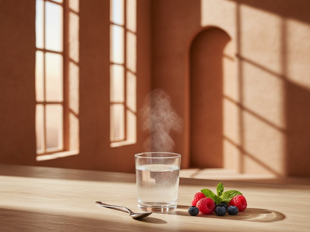 Verre d'eau et poudre de peptides de collagène sur une table en bois clair