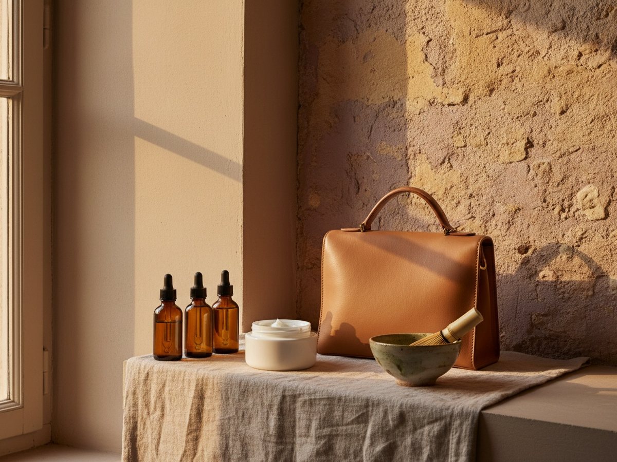 Étagère de salle de bains avec flacons de sérum, pot de crème, sac en cuir et bol de matcha dans une lumière douce